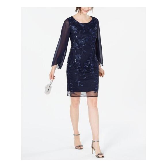 CONNECTED APPAREL Womens Navy Sequined Floral Long Sleeve Scoop Neck Dress - Picture 2 of 10